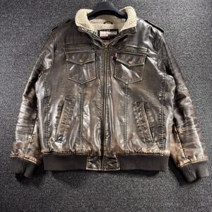 Levis Brown Faux Leather Bomber Jacket Mens Large Sherpa Lined Distressed Y2K